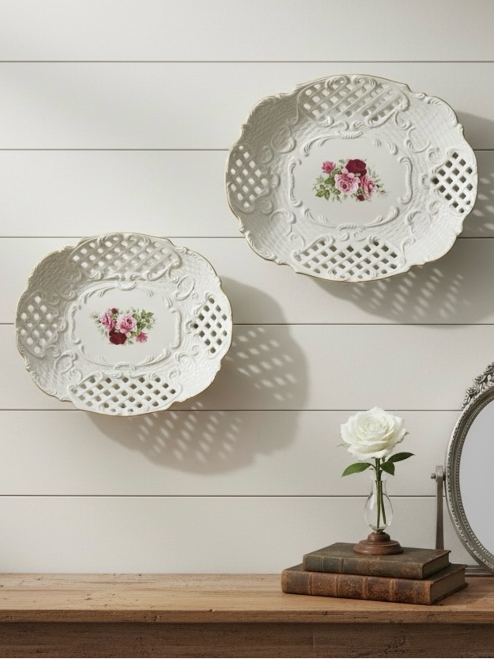 (2) Formalities Victorian Rose Reticulated Lattice Oval Plates Plate Wall